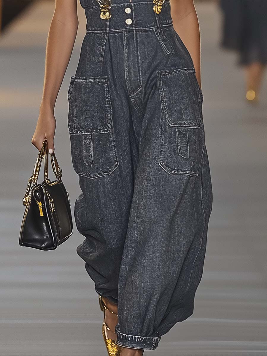 Loose V-neck suspender denim jumpsuit for Women | Mireya