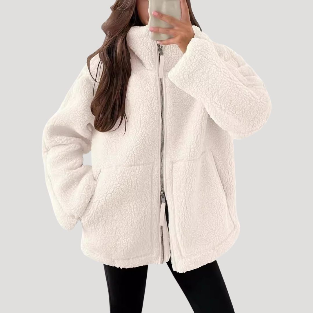 Fluffy teddy fleece zip-up winter jacket for women | Teddra -9