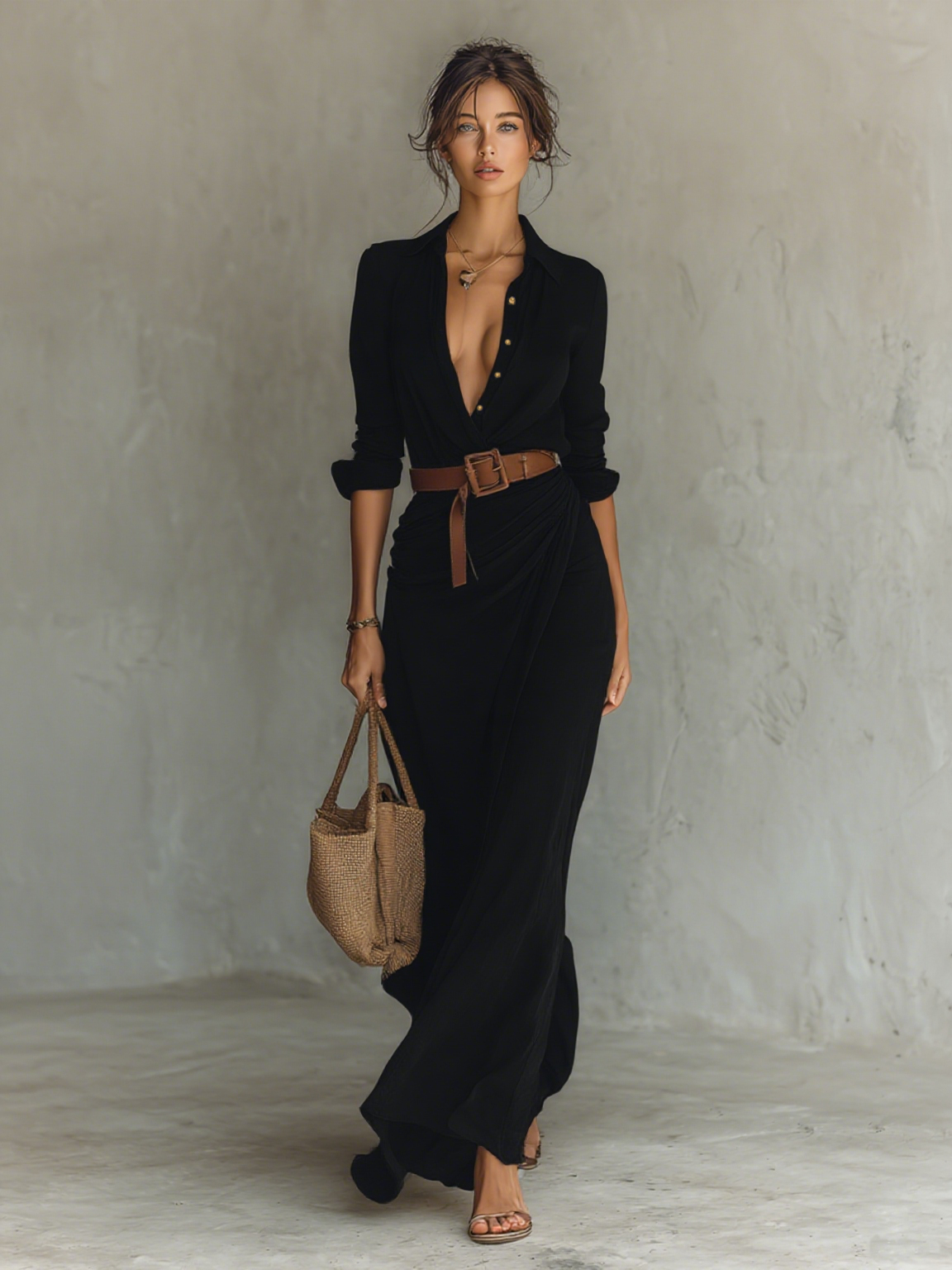 Belted lapel single-breasted maxi dress for women | Lapelle -7