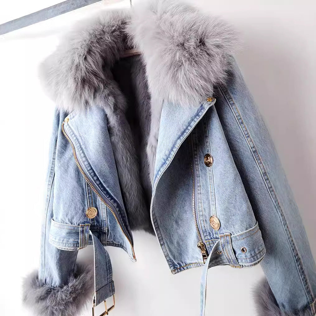 Cropped lined denim coat with removable collar for women | Elowen -6