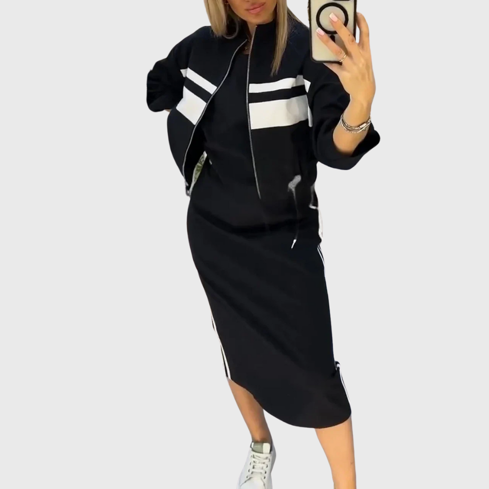Elegant zip-up top and midi skirt two-piece set for Women | Alvera Motion