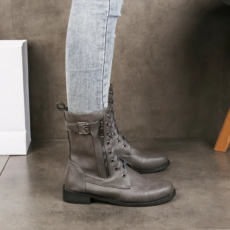 Lace-up leather zip ankle boots for women | Brandy -6