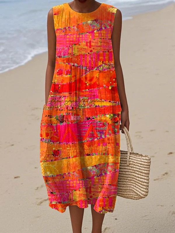 Sunset print flowy midi dress for women | Faye -1