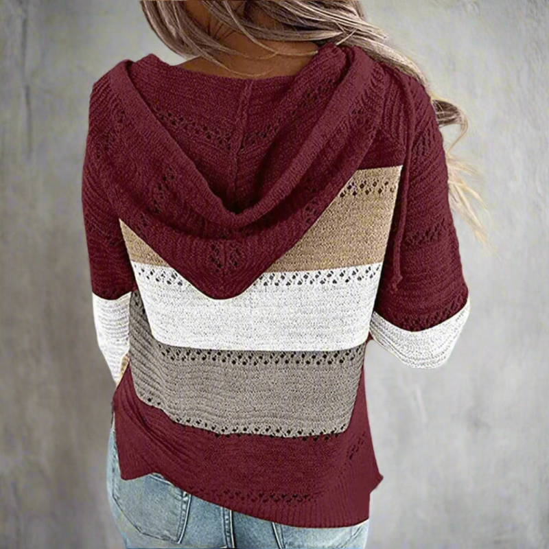 Bohemian patchwork hooded knit pullover for women | Elara Mosaic -8