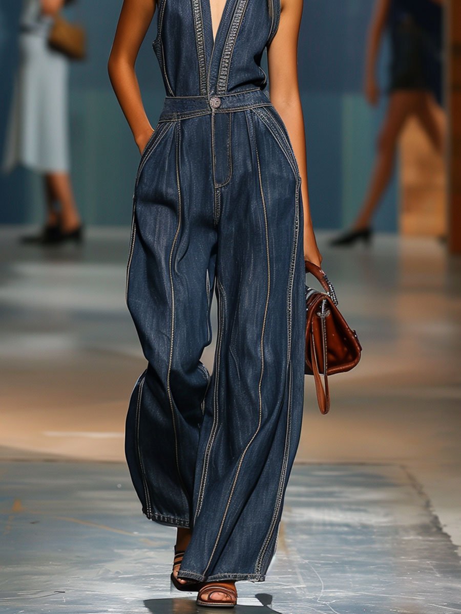 Retro sleeveless wide-leg denim jumpsuit for Women | Zarelle