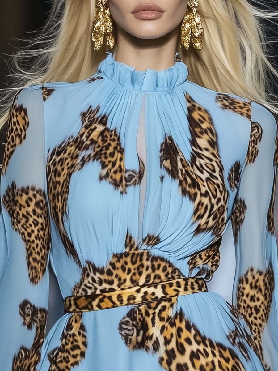 Leopard print chiffon mini dress in sky blue for Women | Kaelira