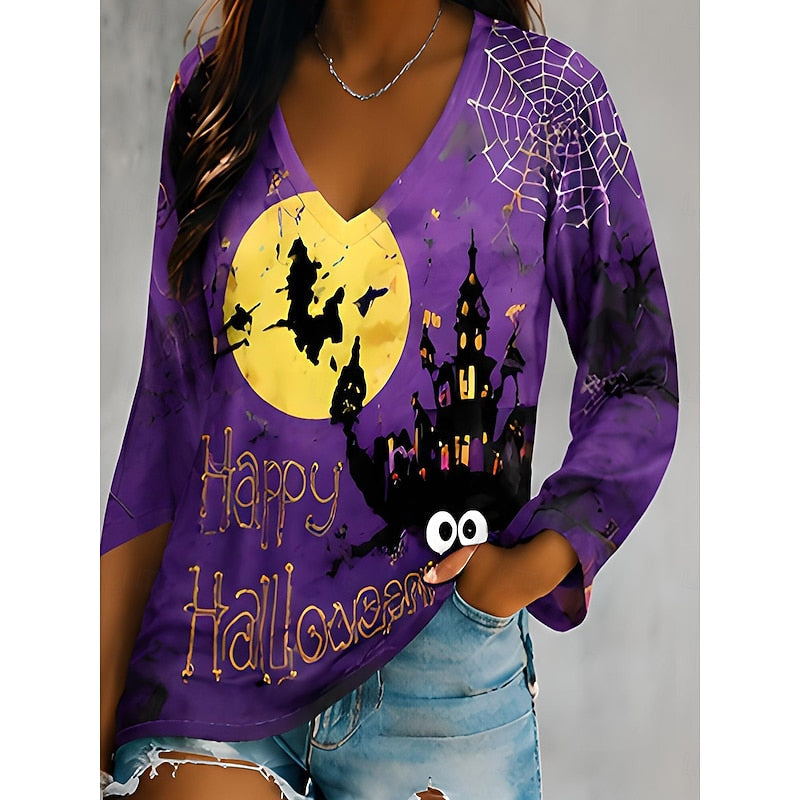 Solveigh | Women's Halloween Print V Neck Top