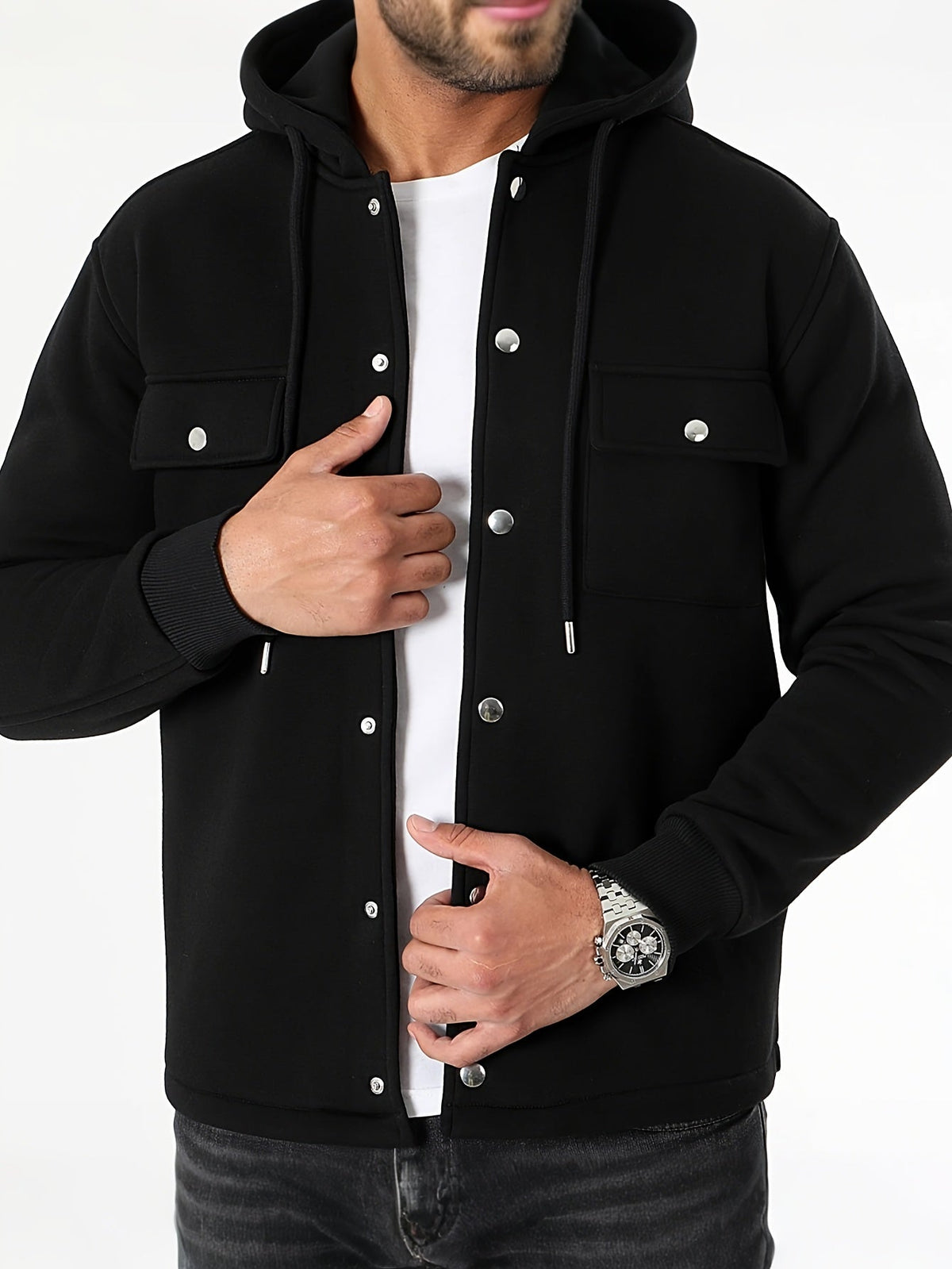 Veylan | Men's Button Front Hooded Jacket with Cargo Pockets