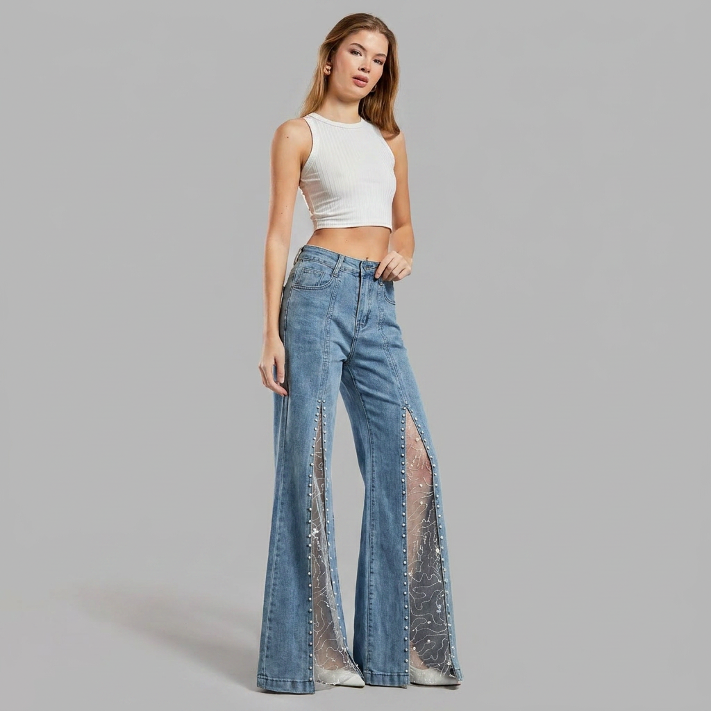 Odessa | Women's Pearl Embellished Mesh Slit Wide Leg Jean