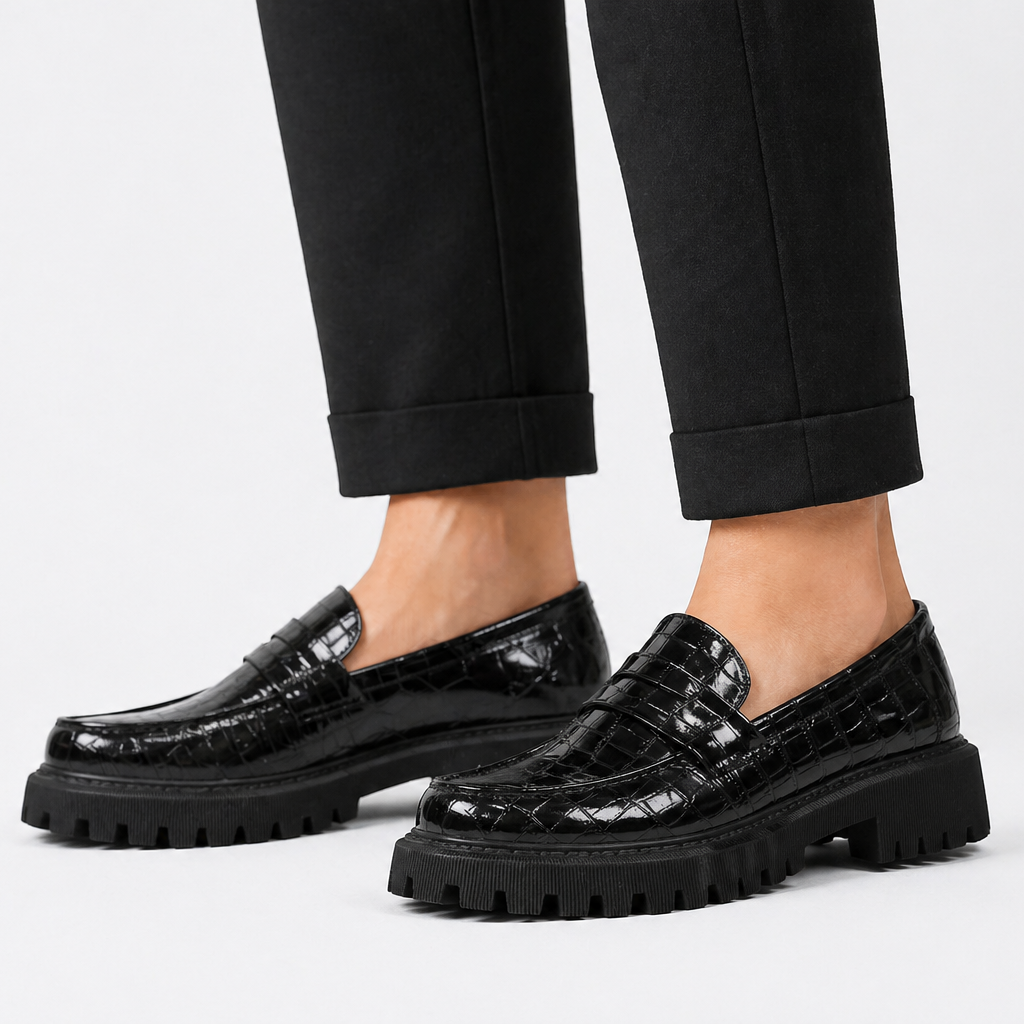 Elena | Women's Croc Embossed Platform Loafers with Vamp Strap