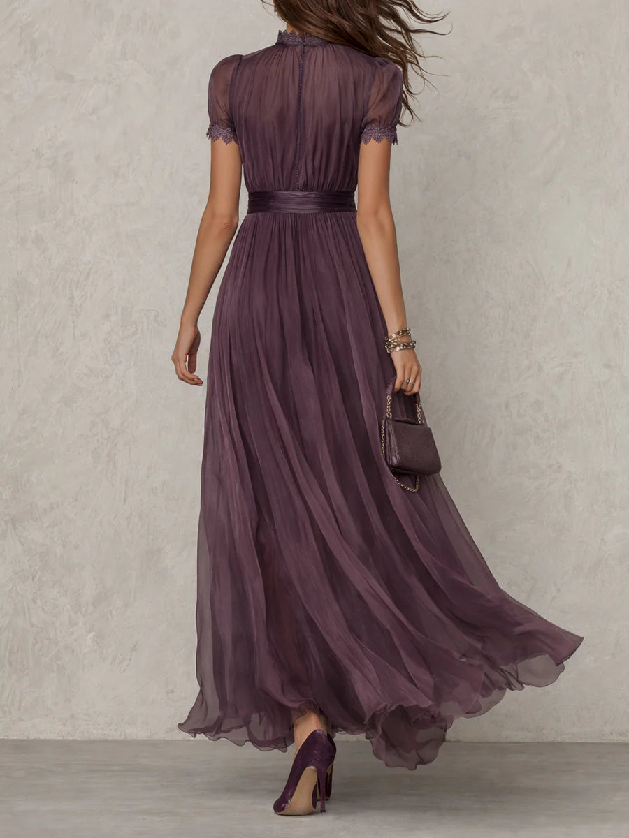 Elise | Women's Pleated Lace Trim Maxi Dress with Puff Sleeves