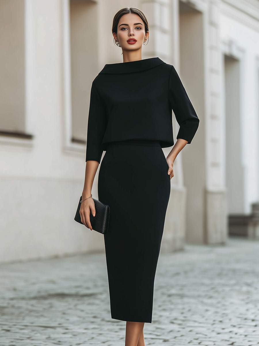 Boat-neck top and straight midi skirt set for women | Arvienne -13