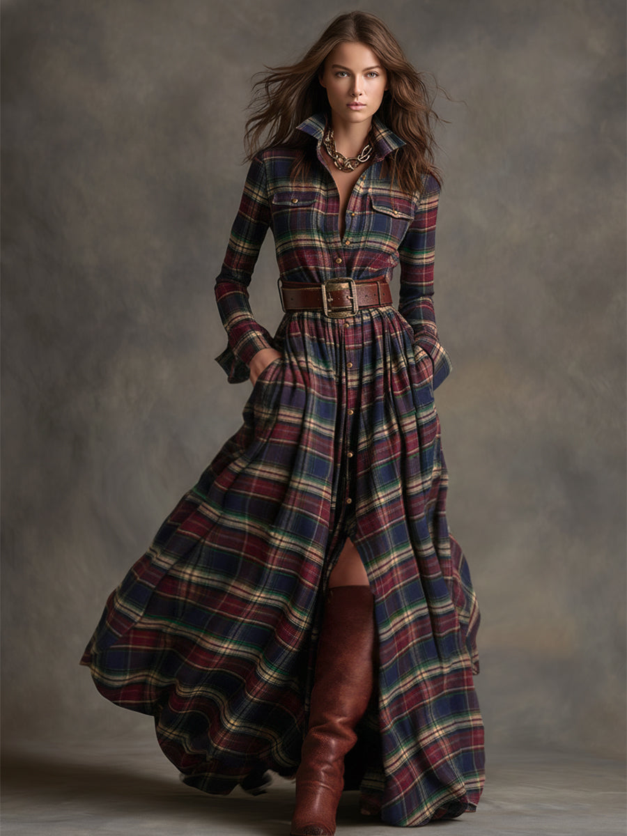 Retro plaid lapel-collar belted maxi dress for women | Marzena -10