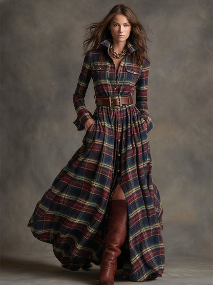 Retro plaid lapel-collar belted maxi dress for women | Marzena -10