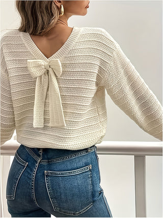 Roselle | Women's V Neck Bow Detail Knit Sweater