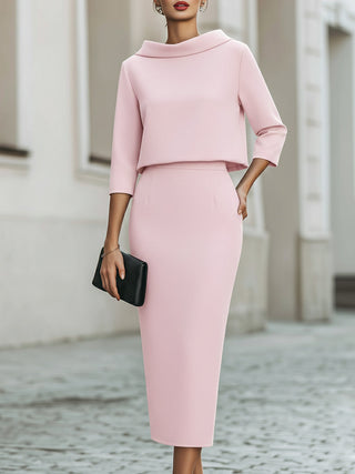 Boat-neck top and straight midi skirt set for women | Arvienne -4