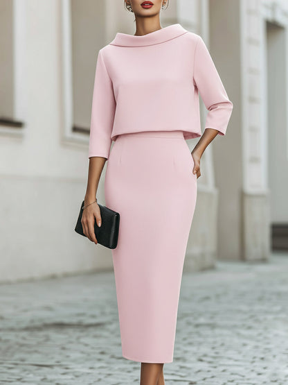 Boat-neck top and straight midi skirt set for women | Arvienne -4