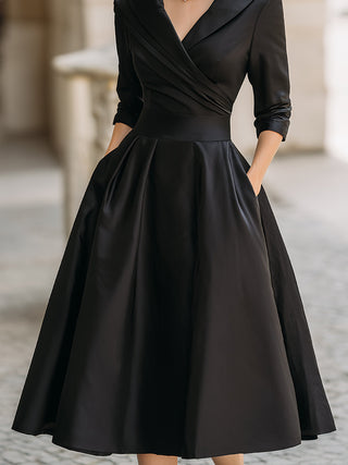 Vintage-inspired satin draped-collar midi dress for women | Velmira -3