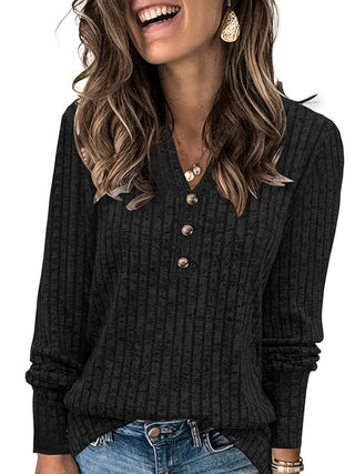 Virelle | Women's Ribbed Button Neck Long Sleeve Top