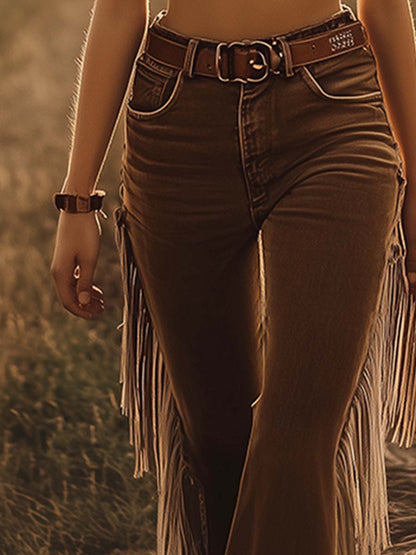 Western flared fringe-detail denim jeans for women | Bronwyn -4