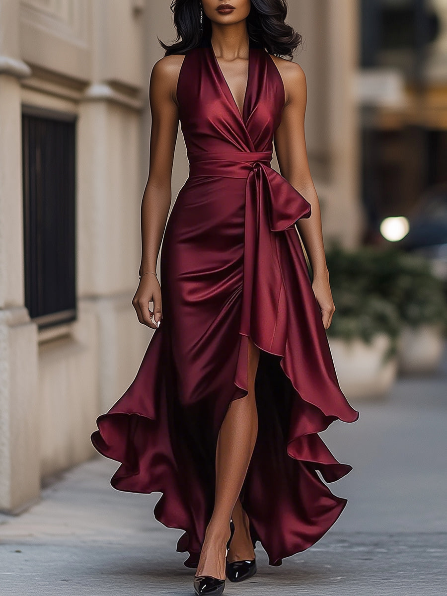 Halter ruffle high-low evening gown for women | Noctelle -7