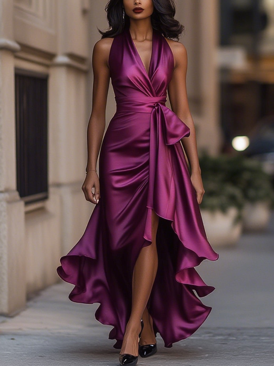 Halter ruffle high-low evening gown for women | Noctelle -17