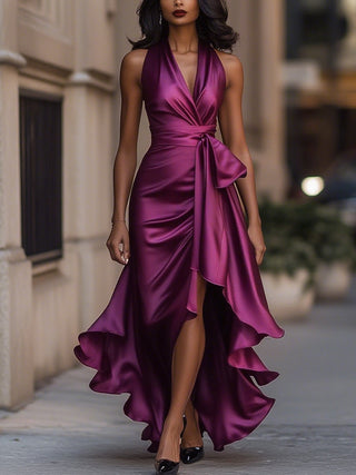 Halter ruffle high-low evening gown for women | Noctelle -17