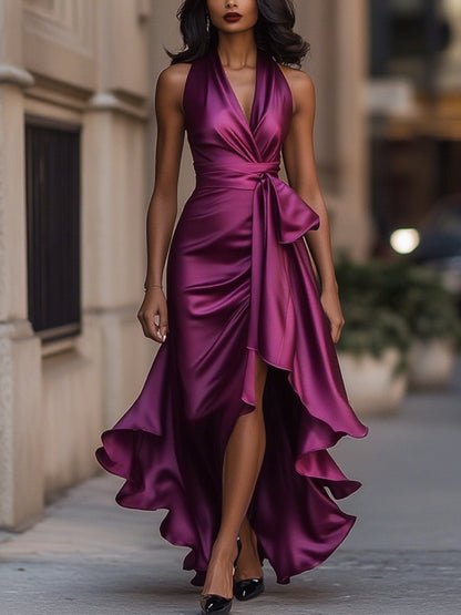 Halter ruffle high-low evening gown for women | Noctelle -17
