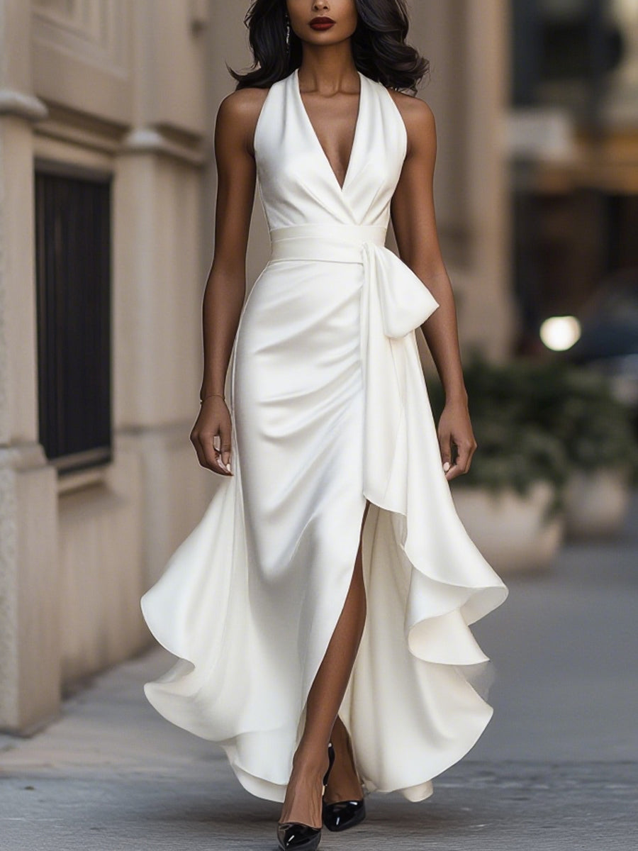 Halter ruffle high-low evening gown for women | Noctelle -9
