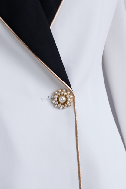 Asymmetric white blazer with contrast lapels for women | Valmera -6