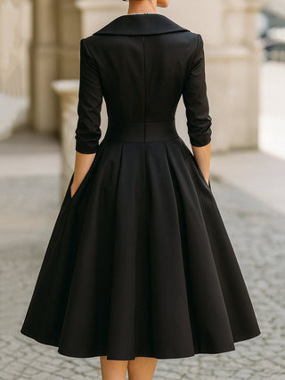 Vintage-inspired satin draped-collar midi dress for women | Velmira -4