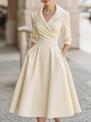 Vintage-inspired satin draped-collar midi dress for women | Velmira -13