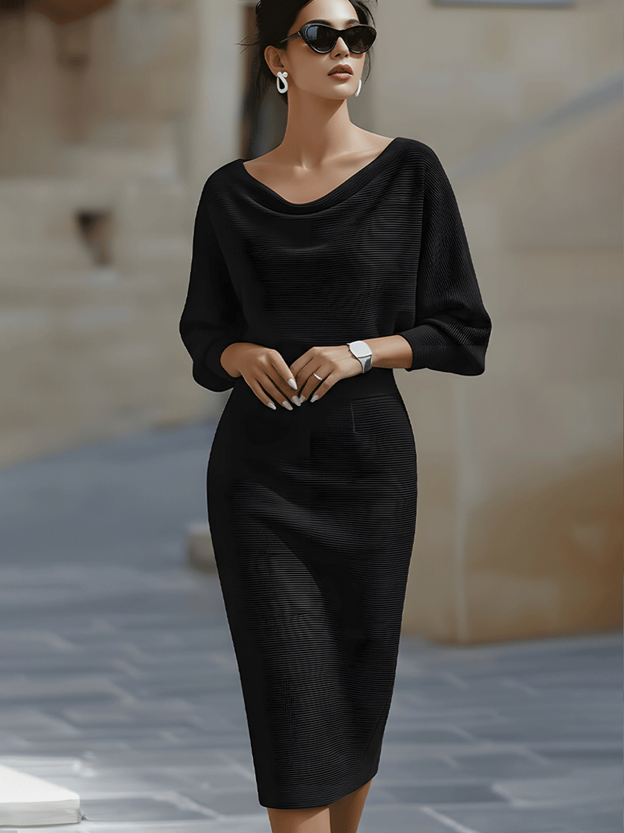 Draped batwing cowl-neck midi dress for women | Selvara -12
