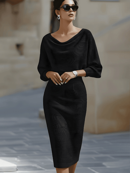 Draped batwing cowl-neck midi dress for women | Selvara -12
