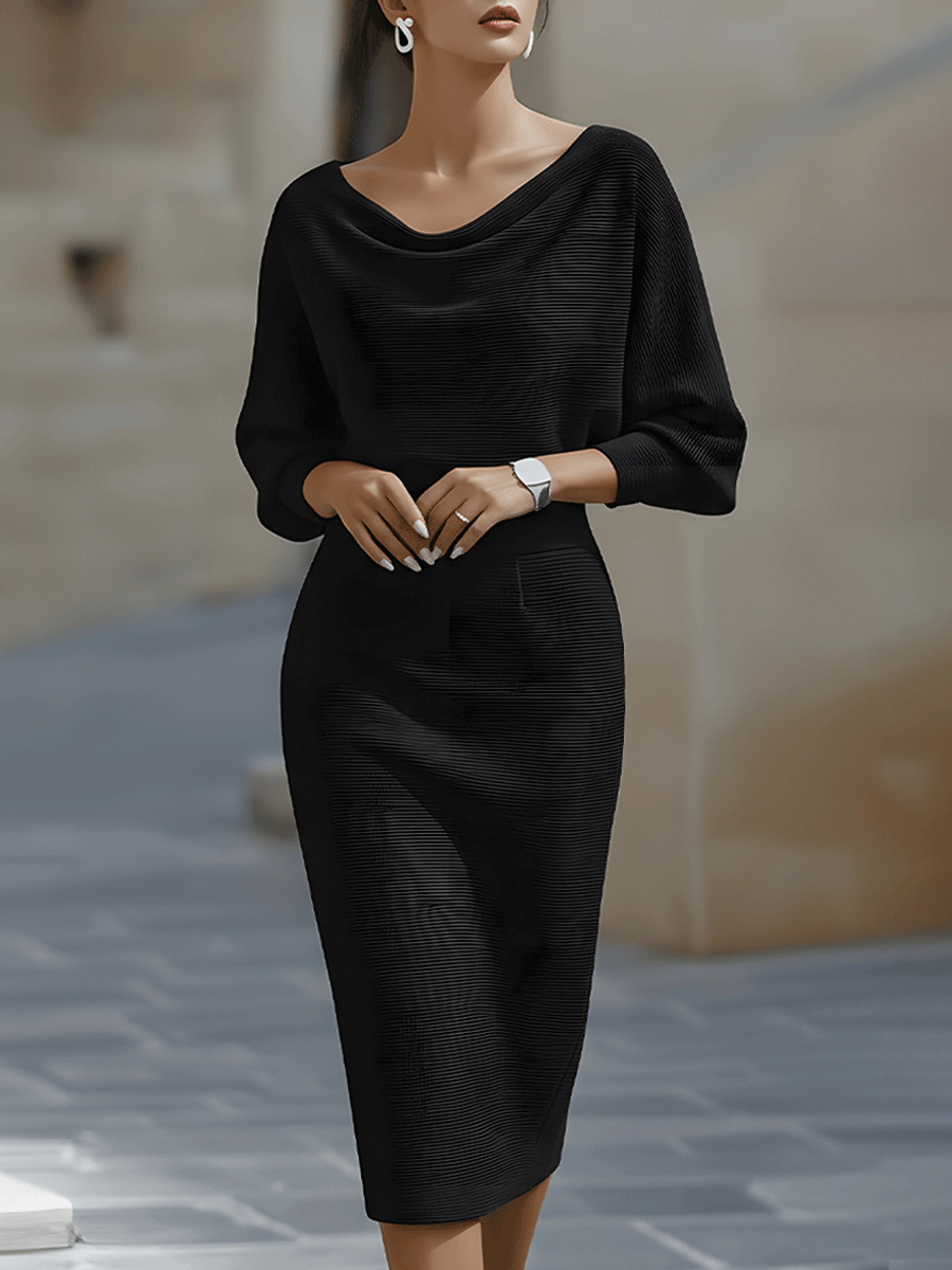 Draped batwing cowl-neck midi dress for women | Selvara -3