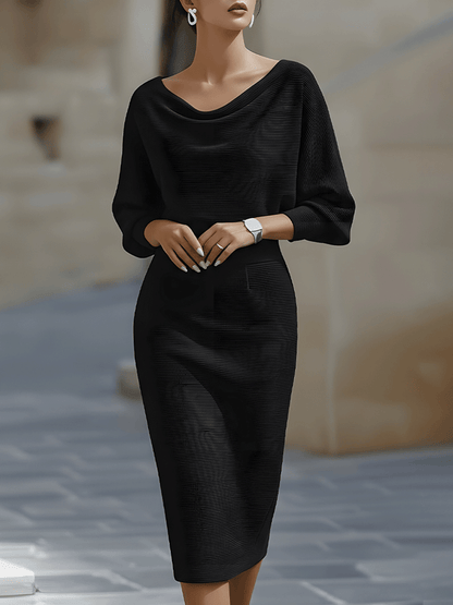Draped batwing cowl-neck midi dress for women | Selvara -3