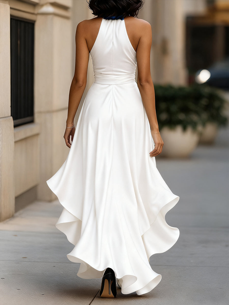 Halter ruffle high-low evening gown for women | Noctelle -10