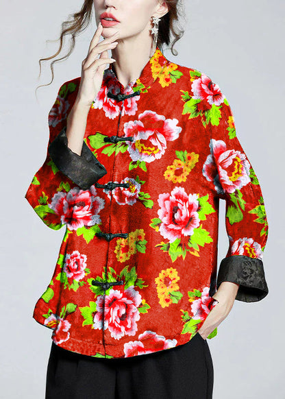 Stand-collar printed long-sleeve elegant coat for women | Mei Lin -8