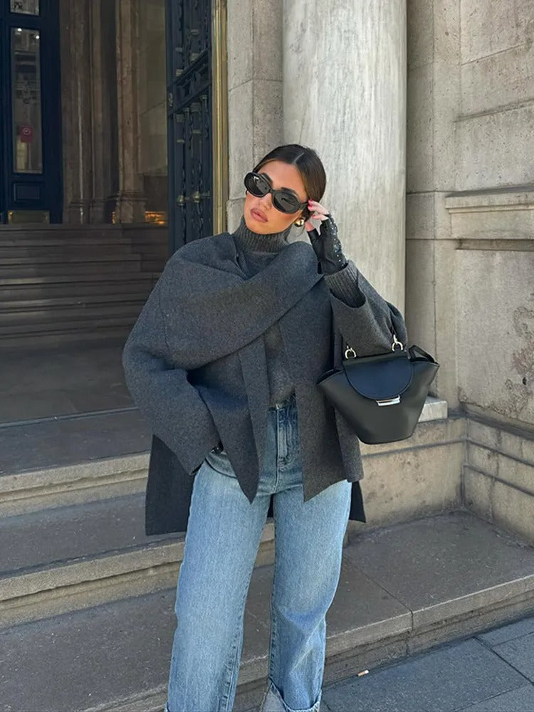 Asymmetrical elegant drape winter poncho for women | Emma -6