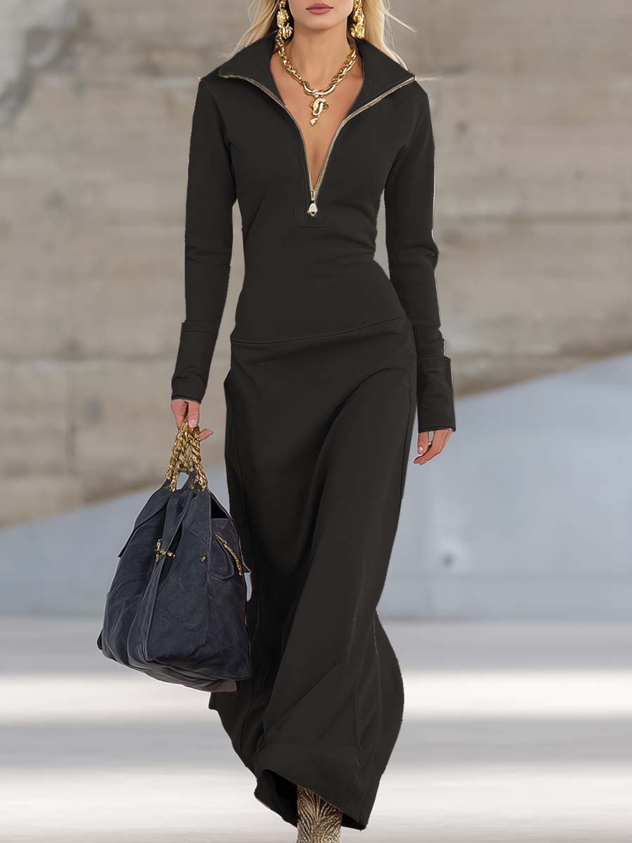 Retro sporty V-neck zip-front maxi dress for women | Rosaline -12