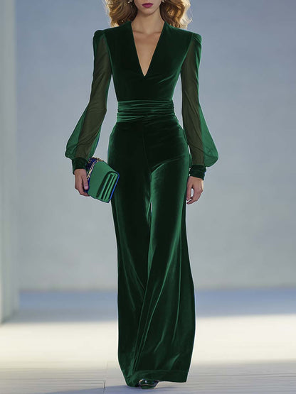 Velvet V-neck sheer-sleeve occasion jumpsuit for women | Ravelle -7