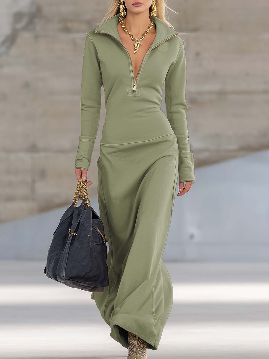 Retro sporty V-neck zip-front maxi dress for women | Rosaline -15