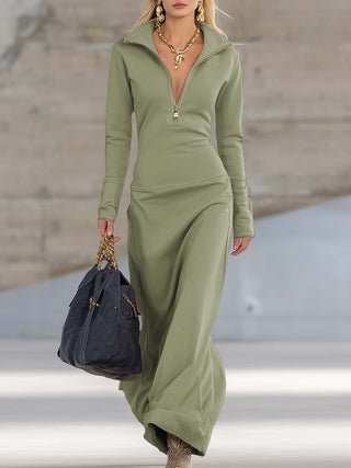 Retro sporty V-neck zip-front maxi dress for women | Rosaline -15