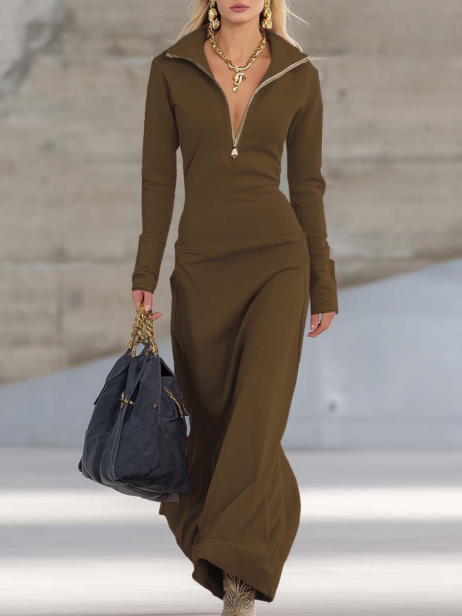 Retro sporty V-neck zip-front maxi dress for women | Rosaline -14