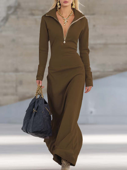 Retro sporty V-neck zip-front maxi dress for women | Rosaline -14