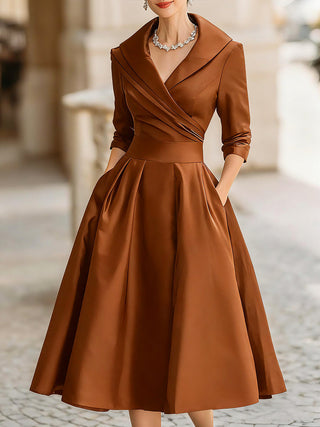 Vintage-inspired satin draped-collar midi dress for women | Velmira -15