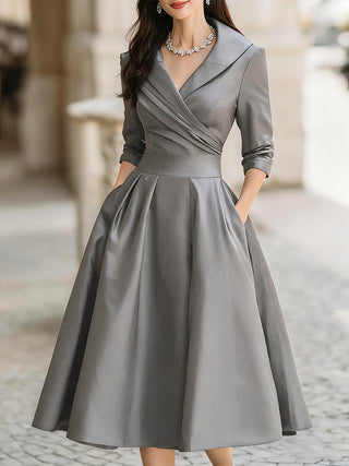 Vintage-inspired satin draped-collar midi dress for women | Velmira -16