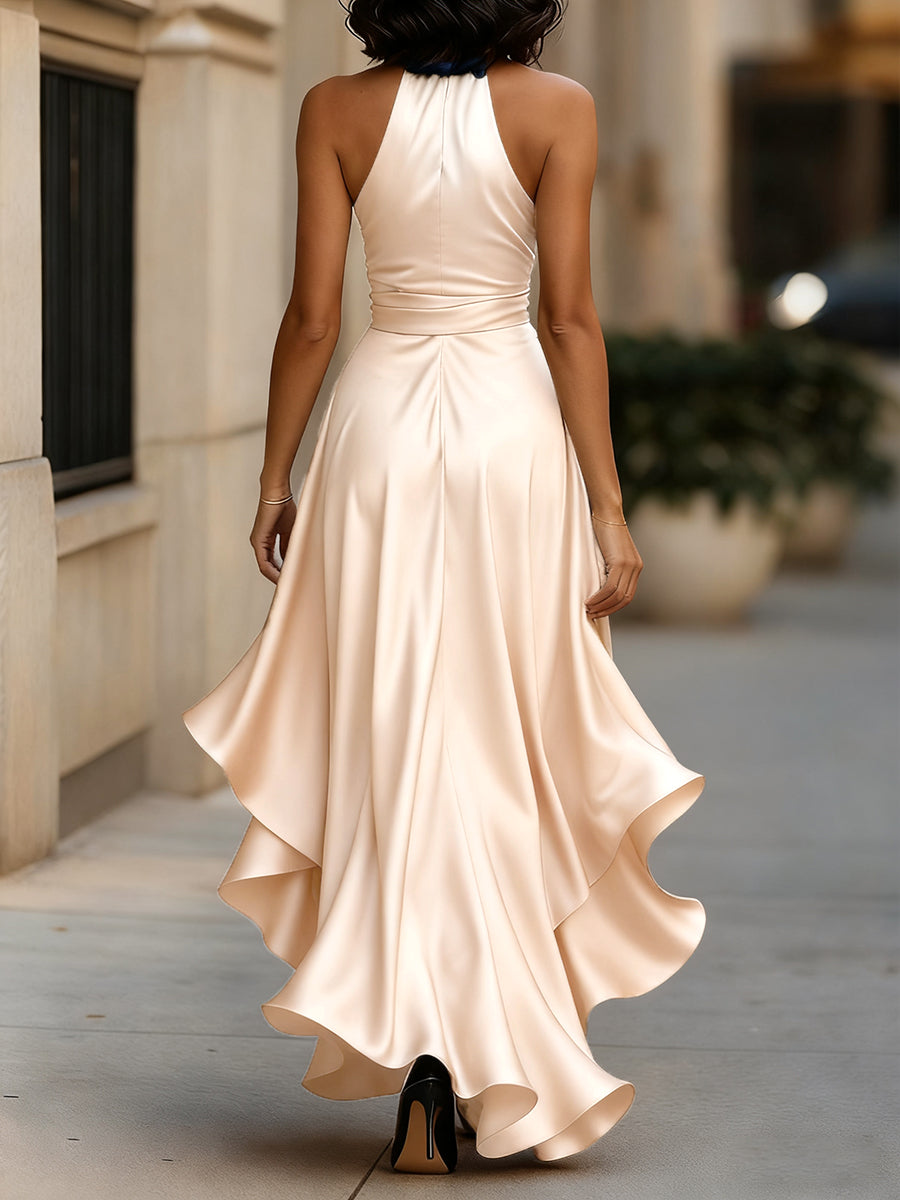 Halter ruffle high-low evening gown for women | Noctelle -6
