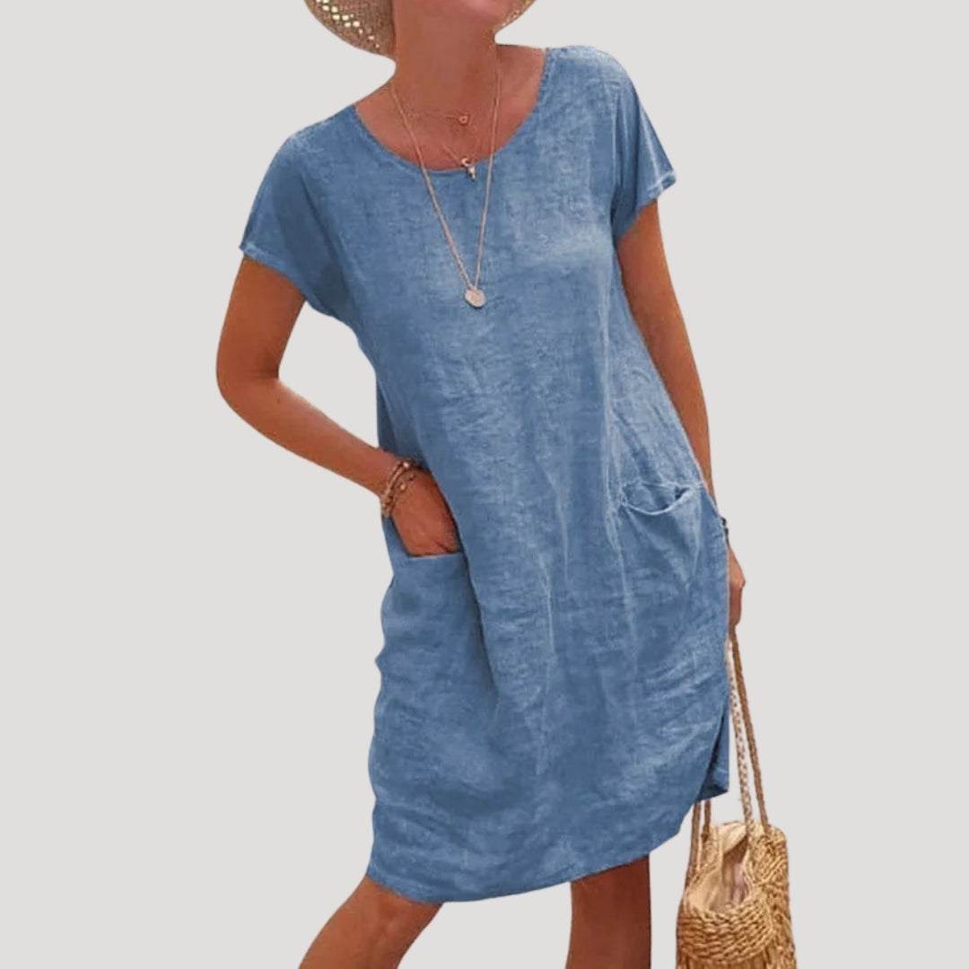 Casual linen short-sleeve midi dress for women | Linesse -1