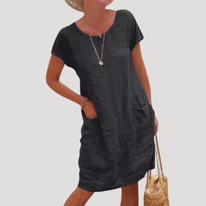 Casual linen short-sleeve midi dress for women | Linesse -2